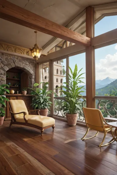 The scene, looking out at the sunset on the corner balcony of a 12 ft ceiling apartment, large floor to ceiling windows, skyscraper, focus on the outside, while balcony has stone floors, the interior which is an open floorplan with aged mahogany wood floors, a cream colored lounge chair is on the inside, a burnt-ornange deck chair can be found on the outside, large ceiling beam goes across the ceiling, stone arch, SEVERAL MATURED PLANTS are on the inside and outside of the apartment, [types of plants include a matured mix of the following], (Epipremnum aureum), (Dracaena trifasciata), (Philodendron scandens), (Hedera helix), far in the distance is a mountain that is deeply forested, one of the plants hangs from the ceiling. The balcony is half ceiling half skylight.
