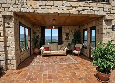The scene, looking out at the sunset on the corner balcony of a 12 ft ceiling apartment, large floor to ceiling windows, skyscraper, focus on the outside, while balcony has stone floors, the interior which is an open floorplan with aged mahogany wood floors, a cream colored lounge chair is on the inside, a burnt-ornange deck chair can be found on the outside, large ceiling beam goes across the ceiling, stone arch, brick walls, brick walls SEVERAL MATURED PLANTS are on the inside and outside of the apartment, [types of plants include a matured mix of the following], (Epipremnum aureum), (Dracaena trifasciata), (Philodendron scandens), (Hedera helix), far in the distance is a mountain that is deeply forested, one of the plants hangs from the ceiling. The balcony is half ceiling half skylight.