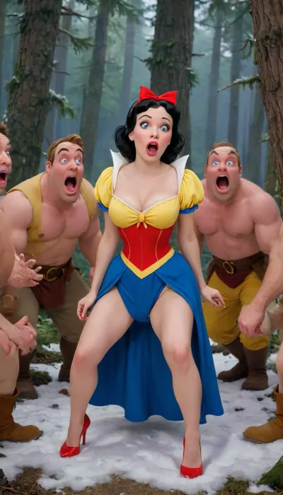 (forest:1.4), Disney princess snow white With the 7 dwarves, (the males are Disney Dwarves, the woman is snow white), ((complete snow white Disney Outfit in blue, Red and yellow)), breasts out, showing shaved realistic Pussy, painful look, screaming in terror, she is shocked, petrified look, (extreme wide eyes), (extreme open mouth), furrowed brows, (blush:1.4), big cocks, natural breasts, highly-detailed anus, realistic pussy, hourglass figure, torn dress, red lips, yellow earrings, j_cartoon, Gangbang, <lora:J_cartoon:.8>