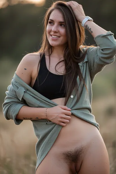 A young woman with long brown hair, light freckles, and a joyful, natural smile, looking to the left of the frame. She is wearing a black sports bra, an open, oversized sage green crinkled cotton shirt, and is naked underneath showing her vulva with prominent inner labia, having dense hairy patches of pubic hair. Her left arm is raised, hand touching her hair, and her right hand is gently holding the bottom of her shirt. She has a delicate tattoo of leaves and text on her left forearm and a thin bracelet on her right wrist, along with a white smartwatch on her left wrist.

Outdoor setting with a soft, out-of-focus background of muted green and warm brown tones, suggesting a field or natural landscape at dusk or dawn.

Soft, warm natural light, possibly golden hour, creating gentle highlights on her hair and skin, with subtle shadows that define her features and form.

Medium shot, slightly angled to the right, capturing her from the waist up. Shot with a prime lens, likely 85mm, at a wide aperture like f/1.8, creating a shallow depth of field with creamy bokeh.

Natural, candid, and joyful mood, with a focus on authentic expression and a relaxed, lifestyle aesthetic. High-resolution, detailed photograph with a slightly desaturated color palette and a warm color grade.