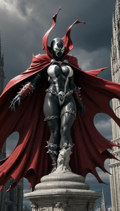 Spawn comic book character, female, huge breasts, full figure, cape blowing in the wind, bowing on a cathedral roof, holding onto a stone pillar, spawn_style, spawn, evang, <lora:SPAWN_XL:.9>