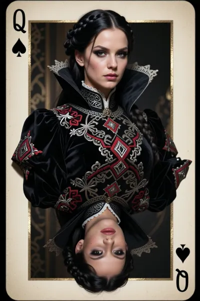 A masterfully crafted, high-definition playing card portrait of the Queen of Spades, designed in a strict traditional two-headed reversible playing card format. The composition features two identical waist-up figures of the same woman joined at the waistline, with the upper figure facing right-side up and the lower figure fully inverted 180 degrees upside-down, mirroring each other seamlessly along the horizontal center of the card.

The subject is a striking brunette woman with silky, raven-black hair styled in intricate, regal braids. She possesses striking pitch-black eyes with intense, piercing depth, prominent natural dimples resting on her cheeks, and a cold, imperious, and dominant expression that demands authority. Both the upright and upside-down figures show her complete face, head, shoulders, and upper torso.

She is draped in opulent, highly detailed dark royal attire crafted from heavy obsidian velvet and midnight-black silk, profusely embellished with ornate crimson and silver embroidery depicting stylized spade motifs, geometric filigree, and medieval gothic patterns. High-cut stiffened collars frame her neck and jawline with exquisite lace trim.

The entire composition is framed within a classic rectangular playing card structure featuring a distinct, slightly aged parchment-textured border with fine gold leaf inner lining. In the top-left corner and the inverted bottom-right corner, the capital letter "Q" is boldly crisp and clearly defined, positioned directly above a pitch-black spade suit symbol.

The lighting is dramatic and controlled, utilizing a refined chiaroscuro setup that highlights the sharp contours of her face, the subtle dimples, the specular glints in her pitch-black eyes, and the intricate micro-textures of the embroidered fabric. Shot with the perceptual characteristics of a prime 85mm optical lens at f/2.8, delivering razor-sharp focus on both mirrored faces and detailed garments, with an ultra-fine grain texture, perfect tonal range, masterwork quality, rich color depth, 8K resolution, uncompromised fidelity.