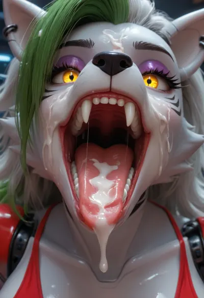 Roxanne Wolf from fnaf, anthro, saliva, open mouth, huge breasts, plastic skin, robotic joints, glowing eyes, neon club, glossy skin, cum on face, cum in mouth, big fangs, wild look, close-up view