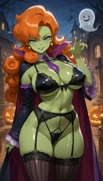 A digital anime illustration of the very pale skinned character. 1girl, zangya from Dragon Ball Z, has orange curly hair, green skin, colored skin, blue eyes, big eyes, black lipstick, large breasts, wide hips, (exhibitionist, exhibitionism, covered nipple, covered crotch), nude naked tight fitting Painted clothes shaped like, (aqua necktie, cape, detached sleeves, frills, halloween costume, jack-o'-lantern, vertical-striped thighhighs, vertical-striped shorts, wide sleeve, under the coat a black bikini string with harness over a black lace bra, stockings, a garter belt, and thigh-highs, She looks at the viewer with a toothy grin, holding one hand up in a playful claw pose. A small black cat stands behind her. The background is a gloomy manor house in the middle of a cemetery. Spreading legs, halloween ambiance, ghost, spider web)