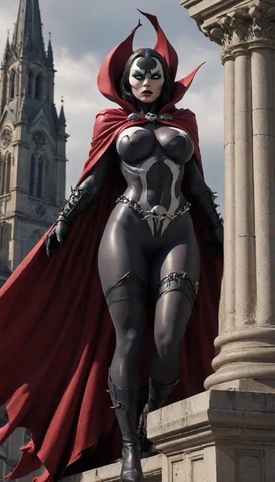 Spawn comic book character, female, beautiful, sensual, huge breasts, slim body, black self-supporting stockings, full figure, cape blowing in the wind, bowing on a cathedral roof, holding onto a stone pillar, spawn_style, spawn, evang, <lora:SPAWN_XL:1.1>