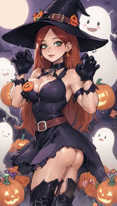 (innv meets jack cayless style), (reiq style, masterpiece, cel-shaded, limited color palette), ((Beautiful Muscles Sexy Wendy corduroy from Gravity Falls anime body:1.4)), (1girl, solo, alone, 21 year old woman), (long reddish hair just past her hips), (gorgeous, seductive face, green eyes, freckles, perfect ads, perfect breast, muscles body, muscles arms, perfect hands, muscles legs, perfect ass, sweaty body), (sex witch hat), (sexy witch dress Costume), (sexy witch black gloves), (sexy witch stub earrings), (sexy witch boots), (sexy witch Belt), (trick or treat pose), (Halloween Candy, ghost, jack o lanterns pumpkins, candy, blood, moon, steam, wood, smoke, sauna background), ultraviolet light, LoL, Style, lineart, line, art, flat, colors, color, <lora:LCMTurboMix_Euler_A_fix:2>, <lora:lineartSDXL:2>, <lora:mk_Bp Anime_xl:2>, <lora:FF-Halloween-Full:2>, <lora:cartoon_stickers_xl_v1:.8>