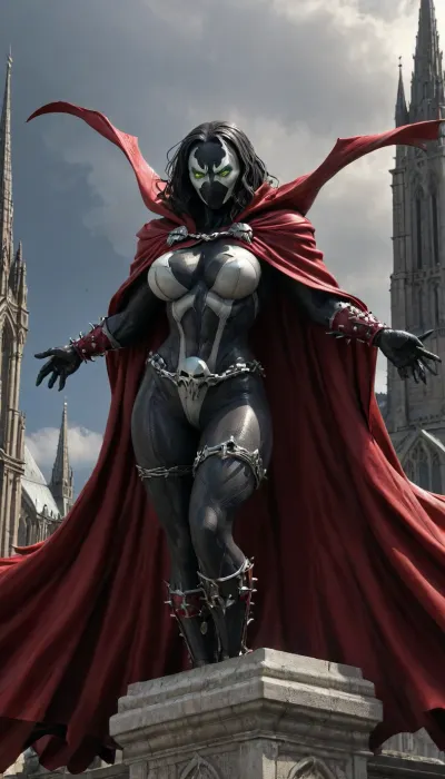 Spawn comic book character, female, huge breasts, full figure, cape blowing in the wind, bowing on a cathedral roof, spawn_style, spawn, evang, <lora:SPAWN_XL:.9>