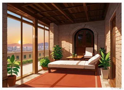The scene, looking out at the sunset on the corner balcony of a 12 ft ceiling apartment, large floor to ceiling windows, skyscraper, focus on the outside, while balcony has stone floors, the interior which is an open floorplan with aged mahogany wood floors, a cream colored lounge chair is on the inside, a burnt-ornange deck chair can be found on the outside, large ceiling beam goes across the ceiling, stone arch, brick walls, brick walls SEVERAL MATURED PLANTS are on the inside and outside of the apartment, [types of plants include a matured mix of the following], (Epipremnum aureum), (Dracaena trifasciata), (Philodendron scandens), (Hedera helix), far in the distance is a mountain that is deeply forested, one of the plants hangs from the ceiling. The balcony is half ceiling half skylight.