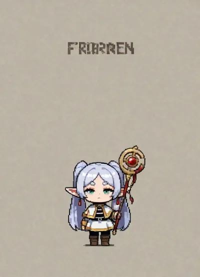 Cute, pixel art, 16 bit art, chibi style, Frieren, white background, Spot illustration