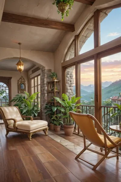 The scene, looking out at the sunset on the corner balcony of a 12 ft ceiling apartment, large floor to ceiling windows, skyscraper, focus on the outside, while balcony has stone floors, the interior which is an open floorplan with aged mahogany wood floors, a cream colored lounge chair is on the inside, a burnt-ornange deck chair can be found on the outside, large ceiling beam goes across the ceiling, stone arch, SEVERAL MATURED PLANTS are on the inside and outside of the apartment, [types of plants include a matured mix of the following], (Epipremnum aureum), (Dracaena trifasciata), (Philodendron scandens), (Hedera helix), far in the distance is a mountain that is deeply forested, one of the plants hangs from the ceiling. The balcony is half ceiling half skylight.