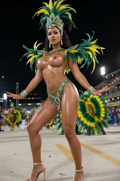 A photo of an unlta-sexy Brazilian busty and curvy female dancer wearing a feathered headdress and sequined costume in vibrant green and yellow colors, dancing samba topless, Sambadrome at night, illuminated by stadium lights. A voluptuous tall woman with long shapely legs and brown skin tone, glistening skin, perfect round breasts with dark nippls, she dances elegantly with hands open and ankles close, samba, beautiful face, large brown eyes, arched eyebrows, make up, lipstick, earrings, bracelets, elegant hairstyle, shapely legs, stiletto open toe high heel pumps with ankle straps, full body shot with fully visible legs and feet --s 500