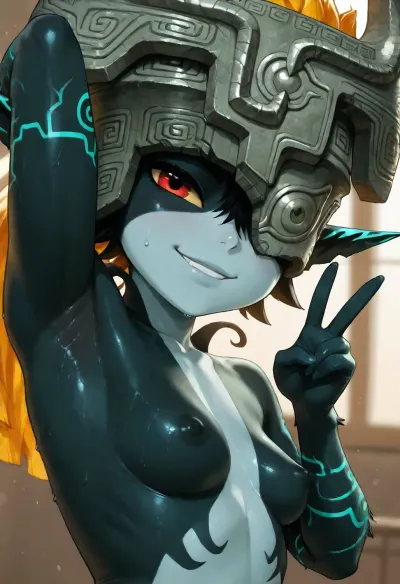 (Midna), solo, armpit fetish, sweaty armpit, smile, wink, peace sign, looking at viewer, side view