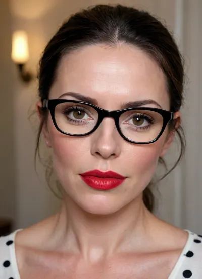 1girl, solo, ((mature face)), ((older milf)), (polka dot glasses), face focus, close-up portrait, Kendra Lust, (Kendra Lust looking mild), 58 year old mature Caucasian woman, dark brown almost black hair pulled back into an extremely tight high ponytail with a neat bun at the crown, not a single loose strand, thin rectangular polka dot glasses resting slightly low on the bridge of her nose, bright glossy deep red lipstick on full plump lips, soft mature face with high cheekbones, slightly hollowed cheeks, defined jawline that softens into a soft chin, mild nasolabial folds, fine crow’s feet at the outer corners of her eyes, subtle under-eye hollowness, light forehead lines, realistic mature skin texture with visible pores and natural micro-imperfections, arched dark eyebrows, almond-shaped eyes with a direct, slightly intense gaze looking at the viewer, fair skin with a warm undertone, photorealistic, ultra detailed face, sharp focus, soft studio lighting, 4k, best quality, masterpiece
