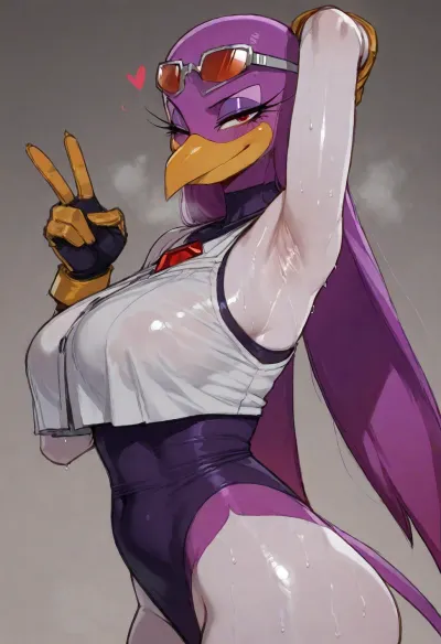 (ratatatat74), (Wave the Swallow, furry, gloves), solo, armpit fetish, sweaty armpit, smile, wink, peace sign, looking at viewer, side view, <lora:ratatatat74-000050:2>