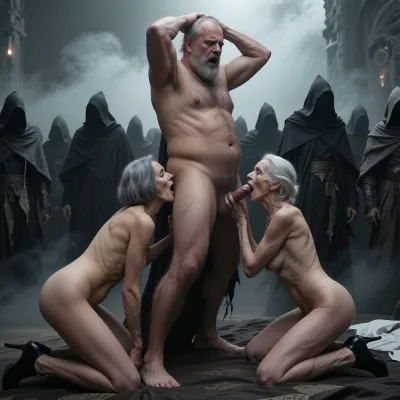 Low-angle shot, full profile. An elderly, obese, and hairy man with a large, hairy penis and testicles, displaying an expression of intense sexual pleasure, stands on his bedroom floor with his hands on his head. He is simultaneously receiving fellatio and anilingus from two elderly women, (both 90 years old, 1.8 meters tall), . Their skin is wrinkled. The elderly woman has gray hair cut in a bob, (small, long, sagging breasts, 1.8 meters tall), . Her skin is highly detailed. Her hair is cut in a bob. Another elderly woman, wrinkled and completely naked, wears black high heels. She is kneeling on either side of him. The woman performing anilingus is positioned behind him, holding his thighs while eagerly licking his anus, while the other woman grasps his penis and performs deep, intense fellatio. The participants are naked.
masterpiece, best quality, dark fantasy, a vast army of hooded figures, mysterious cultists walking together, wearing tattered dark cloaks and cowls, rear view, monochromatic color palette, muted grey and black tones, heavy fog, thick smoke, eerie atmosphere, dramatic cinematic lighting, gritty texture, highly detailed fabric folds, ominous mood, concept art by Greg Rutkowski and Zdzisław Beksiński