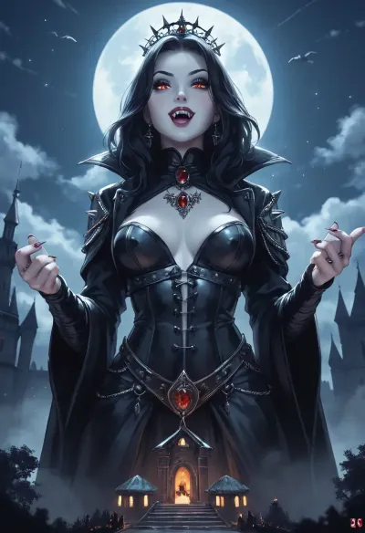 western-comic style, moonlit night drawing, fog in the lower half of the picture, cartoon, A hyper-slender female-vampire giantess with white skin and black hair gigantic in the center over her spiked-castle, touches one ancient castletower its dyster but smaller then her, and her bodyshape grows to monumental-proportions, show her perfect vampire teeth, and titanic in size in front of the moon, (soft focus, blurred backgroud:1), blueshift effect, <lora:uberfit_lora_sdxl:1>, <lora:black_metal_art:2>
