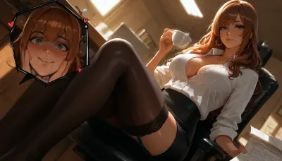 reiq meets gavatino and melkor mancin artstyle, amazing photo quality, ultra realistic details, ultra high detailed characters, (masterpiece), (photo realistic), (hyper realistic), (high resolution), (maximum detail), score_9, score_8_up, score_7_up, highest quality, ultra-high resolution, photorealism, high quality, ultra-realism, 8k, HDR, ultra high detailed, indoors, evening, papers, cluttered desk, director's office, in the foreground the man in business casual office wear, (the man is sitting in an office chair at his desk), the man is holding a pen in his right hand and making notes in a document, bulge in men's trousers, very beautiful russian girl aged 20–25 has shoulder-length chestnut hair and gray-green eyes, sensual lips, perfect body, firm round small breasts, detailed skin, one mole on the right breast, small pendant around the neck, wearing a white shirt, (black knee skirt:1.5), subtle, see-through, (stockings and a garter belt visible beneath the clothing), (covered), (the clearly defined silhouette), (under clothing), silhouettes of underwear under clothing, cleavage, the girl is standing to the right of the man, leaned over the man, (holds a cup of coffee and places it on the desk in front of the man), (puts the cup), looks at the bulge in a man's trousers, (shoked face:1.7), very blushed face, man is looking at the girl's breat, (low angle), man pov, (the lace tops of the stockings are accidentally visible), creating dramatic chiaroscuro effects, perfect background, cinematic lighting, 8K, high detail, breasts focus, perfect anatomy, detailed faces, masterpiece faces, (detailed eyes), (masterpiece eyes), intricate detail, (photorealistic textures:1.2), (sharp focus:1.2), (refined textures:1.2), (natural shadows:1.2), (SuperQuality:1), (SuperQuality:1.2), <lora:MJ52:1.7>, <lora:Jeweled eyes-NAI:1.8>, <lora:BUT_SDXL_SHS:1.8>, <lora:attractive_notrigger:1.7>, <lora:dark:.8>