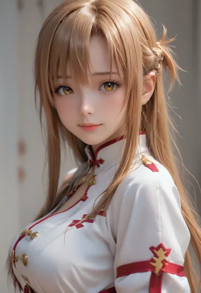 (((3d colorful digital semi-realistic:1.5))), (1girl, solo), (((asuna yuuki from sword art online))), wearing a red and white military dress, (pale skin), (chestnut hair:1.5), (long straight hair:1.4), (bangs:1.3), (half-up, half-down braided style), light brown eyes, (shy smile), athletic body, looking at viewer, (large breasts), (((half body view))), (side view), (((focus on face))), skin details, <lora:Midjourney Image Enhancer XL v1:.6>, <lora:SDXLHighDetail_v6-000005:.4>, <lora:attractive_notrigger:.6>, <lora:futureistic_fantasy_anime_sdxl_v1:.8>, <lora:3D模型丨可爱化SDXL版_v2.0:1.2>