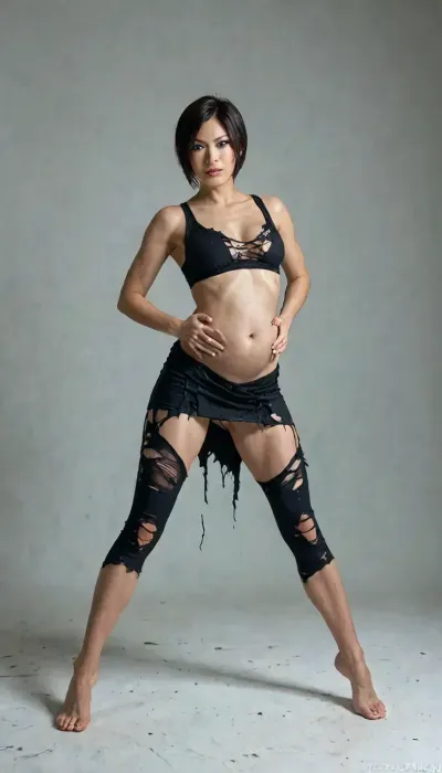 8k, score_9, score_8_up, score_7_up, FILM PHOTOGRAPHY STYLE, cinematic photography of a woman, professional portrait photo realism, Ada Wong from game "Resident Evil", belly inflation, torn clothing in the abdominal area, barefoot, <lora:detailed_notrigger:2>, <lora:add-detail-xl:.8>, dynamic pose, <lora:ratatatat74-000050:.8>, <lora:NEOTOKIOXL_0.2_RC:.8>, <lora:LCMTurboMix_Euler_A_fix:.8>