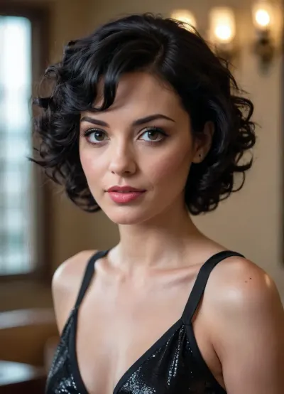A photo of a 30-year-old woman with short, tightly curled, jet-black hair, dressed in a sexy, youthful 90s-style outfit.