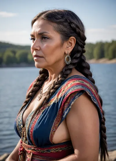 RAW photo, shot on NIKON'S D850, F/1.8, shallow depth of field, sharp focus on the subject, ultra-detailed micro features, highly detailed textures, realistic skin tones, vibrant colors, cinematic composition, maximum detail, hyper-realistic rendering, professional photo quality, A 54-year-old beautiful Native American woman, (side view:1.1), from the Kickapoo tribe, (beautiful elderly native Comanche American woman with folds of fat and cellulite:1.2), with small, flat, sagging breasts, a small, saggy belly, (fat folds on thighs), (((flatchested:1.2))), ((localized abdominal fat:1.2), and cellulite-covered buttocks stands on the shore of a lake., (elements of national dress:1.4), ., (dark hair braided)), vntg, line-art, <lora:vntg-line-art-v2:.8>, <lora:deep_Onyx_black_woman_verz:.8>, Sapphire, <lora:SapphireV2-000008:.8>