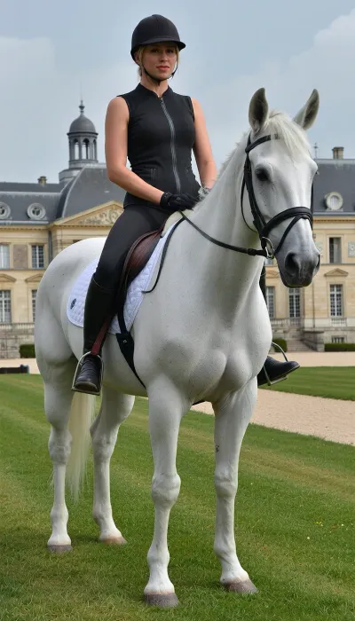 Sur une pelouse devant le château de Vauls-le-Vicomte, une femme en tenue d'équitation très skinny, sur une grand cheval blanc, plan rapproché.