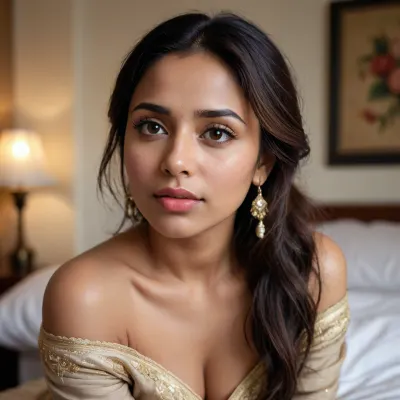 **Detailed prompt, **

A hyper-realistic, highly detailed close-up photograph of a beautiful South Asian woman kneeling on a wooden floor in a bedroom, looking upward with teary, emotional eyes and a single tear rolling down her cheek. She has dark, slightly messy hair pulled back with loose strands framing her face, full lips slightly parted, and a vulnerable, intense expression. She is wearing a black off-shoulder dress with intricate gold embroidery along the neckline and sleeves, revealing her décolletage. A gold earring with a pearl drop hangs from her right ear. A man’s hand gently cups her chin and cheek from the foreground, fingers resting softly against her face. The background shows an unmade bed with cream-colored sheets and a cane headboard, a wooden nightstand with a glowing warm lamp, and soft ambient lighting that creates gentle highlights on her skin and the fabric. Intimate, emotional atmosphere, photorealistic skin texture with visible moisture and tears, realistic fabric details, cinematic lighting, 8k, sharp focus.