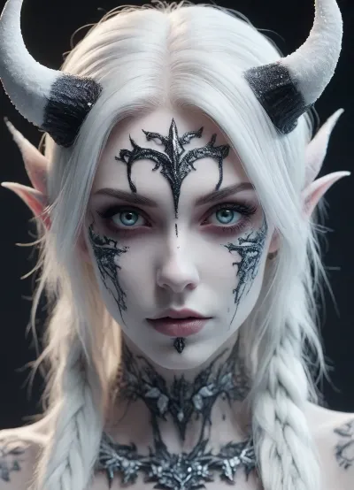 (face close up, portrait:1.2), grey background, a dark demon girl with black horns, (pitch black eyes, cosmic black:1), bright bleach white tips hair, well lit, very skinny, nude, cosmic pattern on skin, FRESHIDEAS, Devil, girl, SnowStyle, <lora:BD1.1-000009:1.7>, <lora:FRESHIDEAS Devil girl:1.9>, <lora:SDXLFestiveSnow:1.2>
