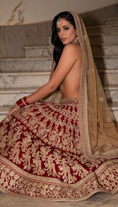 The Princess of the Palace. An adult Indian model with golden-brown skin, long black hair, and brown eyes wears a red and gold embroidered lehenga, adorned with traditional jewelry and a sheer veil. Posing sideways on a marble staircase—with the fabric fanned out around her legs and her face turned toward the camera—she embodies a blend of majesty and sensuality.