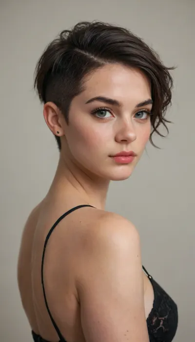 Women's Hairstyles, black Pixie cut, black eyebrows.