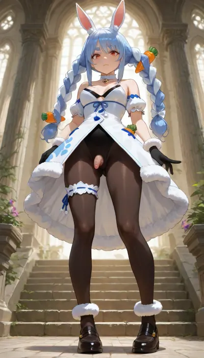 very beautiful character art, 1futanary, an ephemeral beauty, feminine, beautiful hair, beautiful eyes, emphasizing her beautiful body, lovely and detailed outfit, in frame, steady gaze, surrounded by a soft nebula with a gentle glow that highlights her beautiful body, soft focus, soft illumination, depth of field, perfect eyes, mature futanari, beautiful background, beautiful composition, breathtaking masterpiece, ultra high quality. pubic hair, (tiny penis:1), small penis, flaccid penis, saggy penis, testicles, she stay in fashion model pose. no panties.

Anime art, full body shot, real eyes and face, detailed photo, anime style, real hair, hyper-realistic surroundings, realistic background, detailed, real photo, realistic lighting, 8k UHD, proper shading and shadows, realistic face and fingers, proper body, high quality photo, proper fingers and face.

low angle view, a beautiful character with balanced proportions and well-made, Usada Pekora, (1st costume), from Hololive, virtual youtuber, she has orange eyes, thick eyebrows, long hair, two-tone white and blue hair, twin braids, carrot hair ornament, sidelocks, rabbit ears, small breasts. Wearing the white fur don-chan around her neck, a fur-trimmed white dress, puffy detached sleeves, short sleeves, black short gloves, black pantyhose, a single frilled thigh strap, the girl has ivory skin, voluminous big blonde hair, twin drills hair, low twin braids, choppy bangs, the girl is frightened, trembling body, wide eyes, mouth slightly open, she is making eye contact, is wearing black shirt dress, a dress inspired by men shirt, paired with orange brown a significantly small, ultra short pleated skirt with ultra short length and a very micro size, and black knee length socks, dark red loafers on the feet, purple gray neck bell, red violet bracelet, her outfit is made of chiffon fabric, with gauze quality, gossamer texture, rich in sheer and shimmery.

-.
The full scenery is an ancient temple ruins covered in divine, glowing vines and flowers, massive stone pillars, devastated, etched with faded sacred symbols, crumble under the weight of time, but still radiate a faint golden light, the altar at the heart of the temple is destroyed and cracked, yet untouched by nature, surrounded by ethereal beams of sunlight filtering through the broken roof, soft white moss and luminescent plants create a tranquil aura