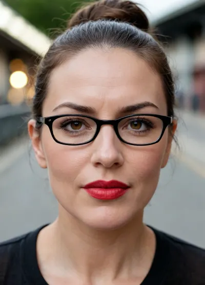 1girl, solo, ((mature face)), ((older milf)), face focus, close-up portrait, 58 year old mature Caucasian woman, dark brown almost black hair pulled back into an extremely tight high ponytail with a neat bun at the crown, not a single loose strand, thin rectangular polka dot glasses resting slightly low on the bridge of her nose, bright glossy deep red lipstick on full plump lips, soft mature face with high cheekbones, slightly hollowed cheeks, defined jawline that softens into a soft chin, mild nasolabial folds, fine crow’s feet at the outer corners of her eyes, subtle under-eye hollowness, light forehead lines, realistic mature skin texture with visible pores and natural micro-imperfections, arched dark eyebrows, almond-shaped eyes with a direct, slightly intense gaze looking at the viewer, fair skin with a warm undertone, photorealistic, ultra detailed face, sharp focus, soft studio lighting, 4k, best quality, masterpiece