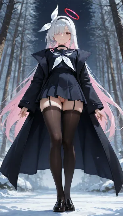 very beautiful character art, 1futanary, an ephemeral beauty, feminine, beautiful hair, beautiful eyes, emphasizing her beautiful body, lovely and detailed outfit, in frame, steady gaze, surrounded by a soft nebula with a gentle glow that highlights her beautiful body, soft focus, soft illumination, depth of field, perfect eyes, mature futanari, beautiful background, beautiful composition, breathtaking masterpiece, ultra high quality. pubic hair, (tiny penis:1), small penis, flaccid penis, saggy penis, testicles, she stay in fashion model pose. no panties.

Anime art, full body shot, real eyes and face, detailed photo, anime style, real hair, hyper-realistic surroundings, realistic background, detailed, real photo, realistic lighting, 8k UHD, proper shading and shadows, realistic face and fingers, proper body, high quality photo, proper fingers and face.

low angle view, a beautiful character with balanced proportions and well-made, Plana from Blue Archive, she has black eyes, long hair, white hair, pink inner hair, hair over one eye, single braid, white hair bow, hair band. Wearing black choker, black shirt with long sleeves, black sailor colar, black coat, white neckerchief, black pleated skirt, black pantyhose, black loafers, the girl has ivory skin, very short pink hair, spiked hair, bantu knots, asymmetrical bangs, the girl looks sorry, apologetic eyes, slight bow, tense smile, she is looking back, is wearing black china long dress, paired with red lilac a significantly small, ultra short pleated skirt with ultra short length and a very micro size, and dark blue garter straps, azure kiltie loafers on the feet, burnt orange pentacle, brown gray bracelet, her outfit is made of a slimy-like material, the fabric has a sticky texture, with a transparency that revels the body underneath.

-.
The full scenery is a snow forest, quiet realms of dense pine and fir, draped in snow for most of the year, with minimal undergrowth
