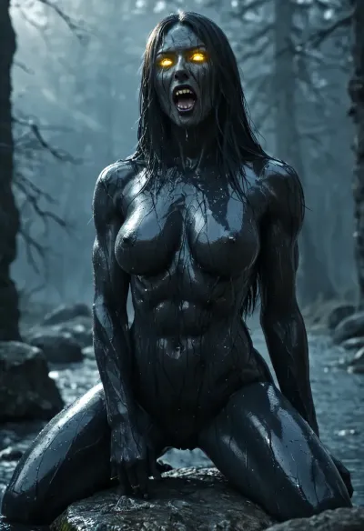 Evil Colossal female Lycan from skyrim, sexy Lycan girl AND human knight, yellow-eyes glowing, horror, tone, black wet fur, black filigree ornaments, huge boobs, massive muscles under fur, open mouth with lots of sharp fangs, posing on jagged throne, epic backlighting, raytracing, sharp focus, blurred background, artstyle elden ring