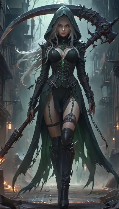 Dark nun, sexy, slender, fair skin, glowing green aura, glowing eyes, dark hood, long white hair, cleavage, big belt, elaborated leather corset, high-cut panties, thigh gap, long tunic, thigh-high boots, garter belts, thigh belts, richly decorated outfit, detailed clothes, holding big scythe, chains on scythe, walking, XUER, Dark, girl, holding, scythe, dark, aura, <lora:Dark Nun (Pony):.8>, <lora:绪儿 暗黑少女 XUER Dark girl:.8>, <lora:Dark_Aura_XL_-_Filled_with_miasma:.8>, <lora:detailed_notrigger:.8>