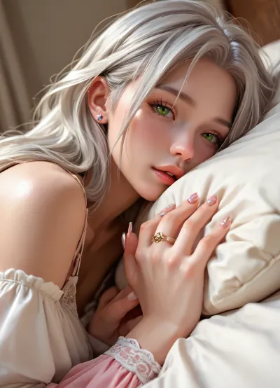 masterpiece, score_9, score_8, view from the side, girl 20 years old, long silver hair, small face, huge nose, green eyes, lay on the bed and sleep, little hands. little nails, + 1 big plastic sex doll with strapon on, girls hands hold a plastic very big sex doll and rubbs her labia with it. sex doll nose touch the vulva from the girl