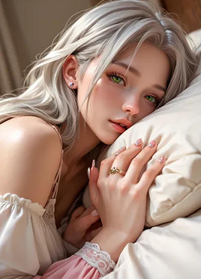 masterpiece, score_9, score_8, view from the side, girl 20 years old, long silver hair, small face, huge nose, green eyes, lay on the bed and sleep, little hands. little nails, + 1 big plastic sex doll with strapon on, girls hands hold a plastic very big sex doll and rubbs her labia with it. sex doll nose touch the vulva from the girl