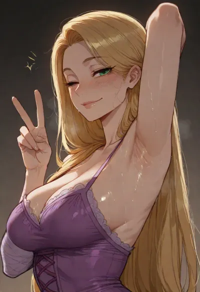 (ratatatat74), (Rapunzel from Tangled), solo, armpit fetish, sweaty armpit, smile, wink, peace sign, looking at viewer, side view, <lora:ratatatat74-000050:2>