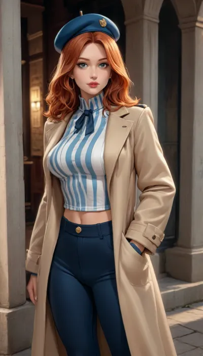 (reiq), highly sexy and seductive young French mom, ((wearing white with navy-blue horizontal stripes Breton striped shirt, tailored navy trousers)), 25yrs, dark ginger wavy bob hairstyle, ((wearing an beret)), ((wearing a beige trench coat over her shirt)), round face, grey eyes, slightly snub nose, plump cherry lips, pointy chin, long neck, sloping shoulders, slim waist, round ass, hourglass figure, accurate, perfect shaped long slightly fat legs, short height, wearing Breton striped shirt, tailored navy trousers, outside, standing alone, ((hyper-realistic)), nude, exposed breasts, professional photo, ultra-detailed, realistic, hyper-realism, maximum detail, ultra-detail settings, ultra-details, seductive, slender body, trained body, ((heavily oiled body, heavily oiled skin)), frontal angle