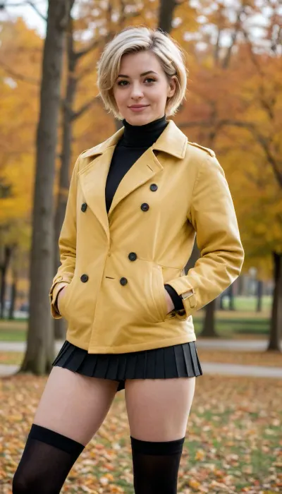 A slightly sideways view of the entire figure. The spontaneous, amateur photo in the center of the frame shows the full figure of a 35-year-old woman walking slightly diagonally toward the camera. She has a blonde woman with very short, tousled hair cut with clippers. She has a plump figure, a gentle smile, and slightly downcast eyes. She is wearing a long, lightweight yellow coat, a tight, short, navel-baring black turtleneck that hugs her small breasts, a pleated, college-style miniskirt that almost reveals her panties, black knee-high socks, and white sneakers. In the background is an autumn park illuminated by the golden sun. short hair, spiked hair, punk hair, pleated skirt, miniskirt, short school skirt, microskirt, pulled up miniskirt, revealing mini panties, full body view, sneakers on feet, slightly visible panties, exposed panties, view slightly from below, from the side, photo taken from ground level, slightly from the side, long black socks, thigh-high socks, autumn yellow coat, yellow trench coat, light yellow coat