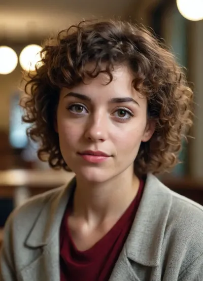 Photo of a 30-year-old woman with short curly hair, wearing a modest outfit in a 90s style.