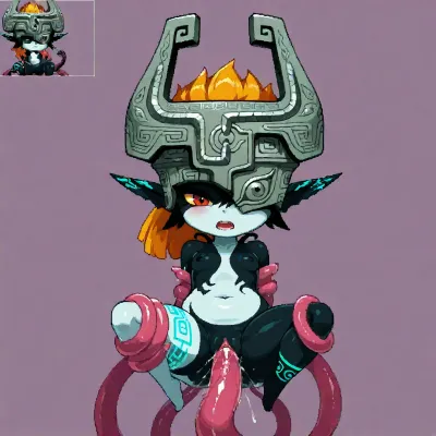 (Cute, pixel art, 16 bit art), Midna, 1girl, tentacle sex, vaginal penetration, simple background, close-up view