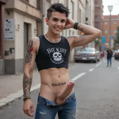 A punk young man with a punk/goth/alternative/e-boy clothing style, including tattoos and piercings, is pulling down his unbuttoned jeans to expose his penis on a public street. He is smirking and laughing playfully. He is wearing a black sleeveless tee and jeans with full sleeve arm tattoos, a punk hairstyle, and facial piercings, penis, laughing, smirking, teasing, flirting, e-boy, punk, boyfriend, twink, tattoo, Holo-Punk, Style, <lora:xpenis-1.5e:.8>, <lora:TattooSDXL3:.8>, <lora:Adonis_belt:.8>, <lora:HoloPunkXL:.8>, <lora:TwinksAnatomyXL_v1.0:.8>