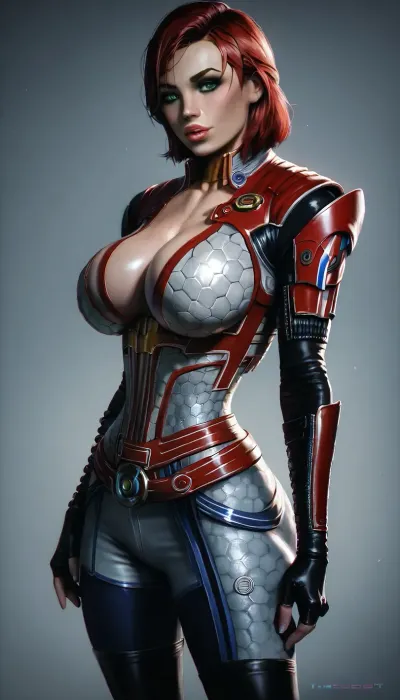 tall woman Jane Shepard, (masterpiece, best quality:1.2), thepit, thighhighs, (wide bimbo lips), fingerless gloves, ginger bobcut, black silver thighhighs with chromatic details, (Mass Effect), ((realistic green eyes)), ((looking at viewer)), Jane, shepard, chromatic n7armor with pants, commandershepard, (sharp focus), <lora:Microwaist_XL_v01:.8>, <lora:ThePitXL:2>, <lora:dark:.8>, huge, breasts, massive, <lora:SDXL_MassiveCowsLoRA_v1:.8>