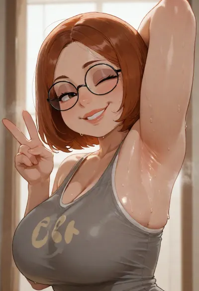 (meg griffin from family guy), solo, armpit fetish, sweaty armpit, smile, wink, peace sign, looking at viewer, side view