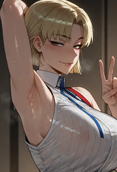 (ratatatat74), (akagi_ritsuko), solo, armpit fetish, sweaty armpit, arm raised, peace sign, smile, looking at viewer, side view, <lora:ratatatat74-000050:2>