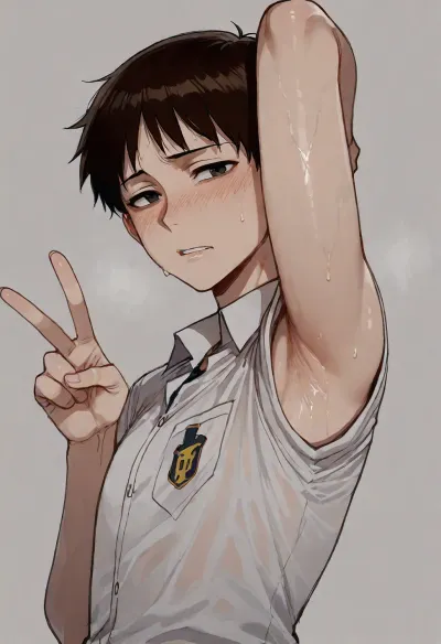 (ratatatat74), (ikari_shinji, male, school uniform), solo, armpit fetish, sweaty armpit, arm raised, peace sign, unsure, looking at viewer, side view, <lora:ratatatat74-000050:2>