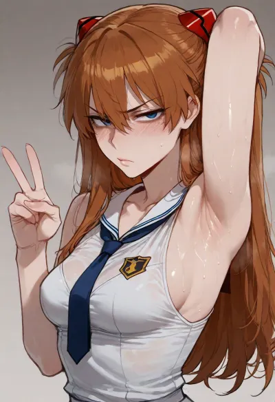 (ratatatat74), (Soryu_Langley_Asuka, school uniform), solo, armpit fetish, sweaty armpit, arm raised, annoyed, peace sign, looking at viewer, side view, <lora:ratatatat74-000050:2>