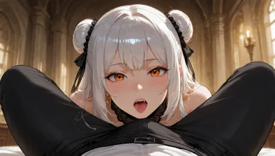 high quality very beautiful semi-realistic anime character art. 2 lady vampires. They buried their lips in his pants crotch, trying to kiss him tenderly. They both look at the viewer. vampires amber eyes iris, One vampire is a mature woman with platinum bun hair, while the other is a young, innocent 18-year-old girl with platinum double bun hair, fangs, no man face in frame! gothic castle, man pov view