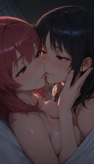 masterpiece, best quality, highly detailed anime illustration, vibrant colors, full color, colorful, rich colors, romantic lesbian sex, first time, soft intimate sex, 2girls, beautiful anime girls, best friends, girl 1, long soft hair, gentle expression, nervous blush, shy smile, eyes half-closed in pleasure, girl 2, medium hair, tender expression, looking at her with love, soft blush, both completely under the bed sheets, bodies pressed close together, gentle kissing, soft touching, slow intimate grinding, first lesbian experience, emotional and tender, night time, dark bedroom, soft moonlight coming through the window, warm dim lighting under the sheets, intimate atmosphere, gentle shadows, close-up side camera angle, under the sheets view, focusing on their faces and intertwined bodies, soft and romantic mood, skin slightly glistening, detailed soft skin, high intimacy, romantic, gentle, emotional, explicit, nsfw